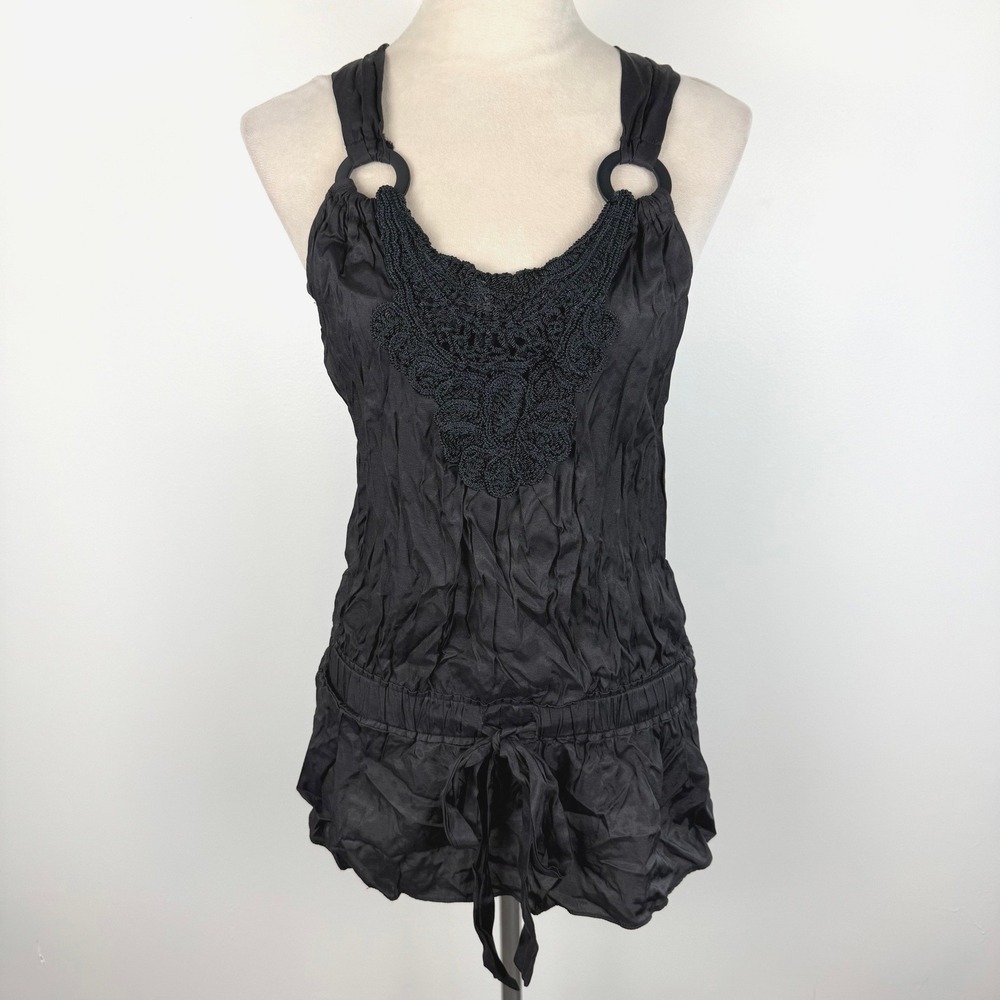 Mi ami Womens Black Crochet Lace Bib Tank Top Crinkle Drop Waist Front Tie Sz Sm